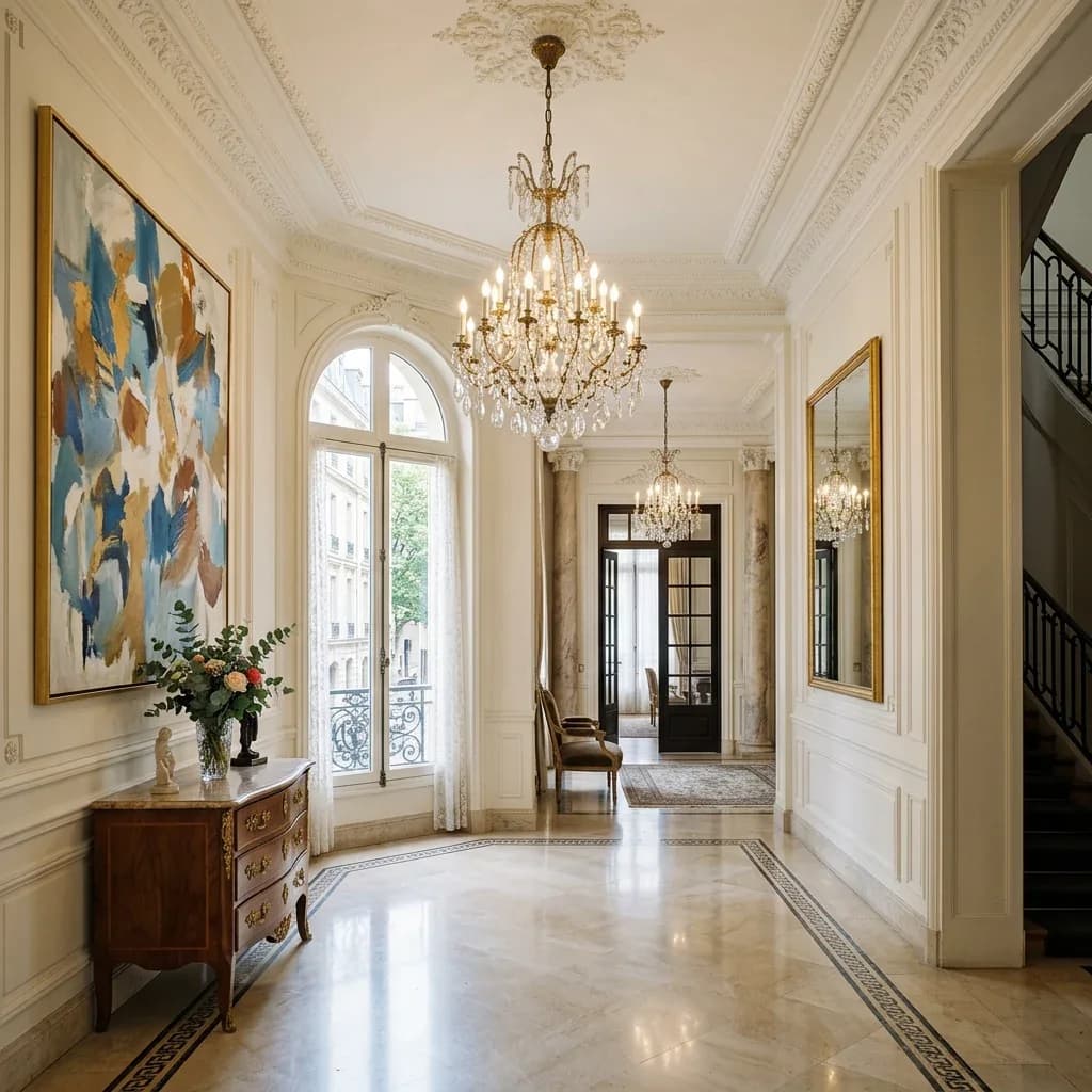 Entrée d'un appartement haussmannien : lustre en cristal, parquet en point de Hongrie et portes anciennes